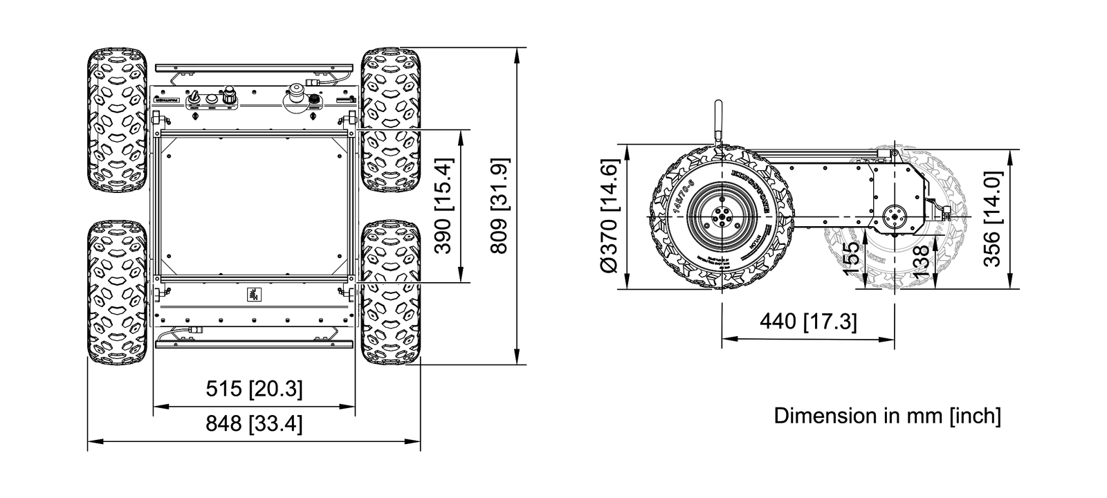 Dimensioned drawing of an autonomous space robotics rover